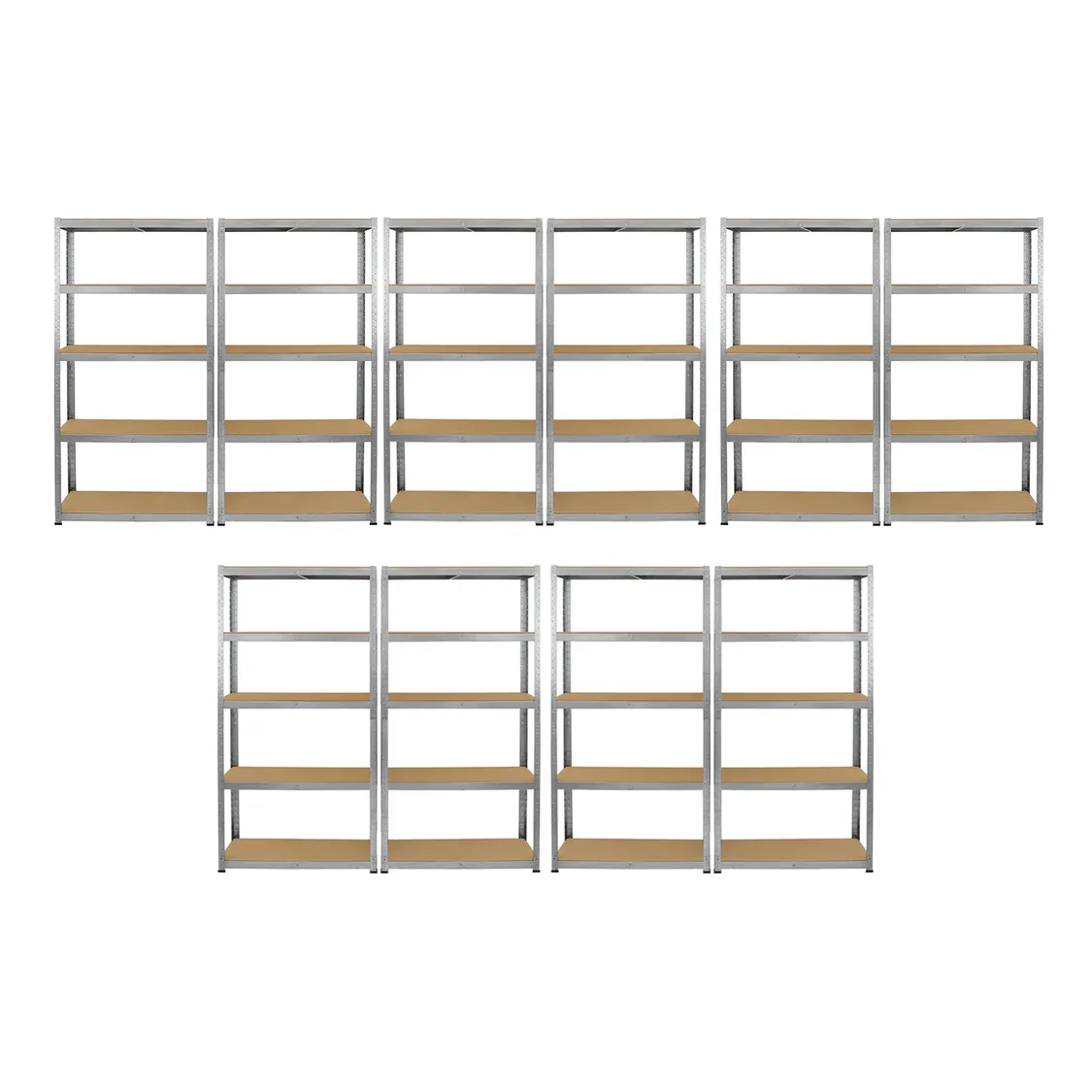 Sparpaket: 10 x Galwix Schwerlastregal 90 x 30 x 150 cm – 5 Böden, 150 kg je Boden, galvanisiert, schraubenlos