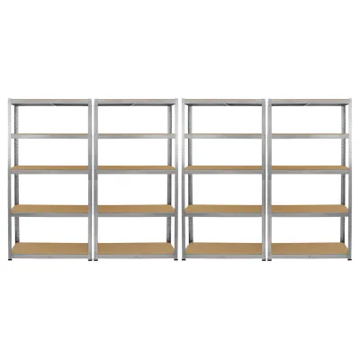 Set: Galwix Eckregal + 4 x 90 cm Werkstattregale – galvanisierter Stahl, schraubenlos, MDF‑Böden