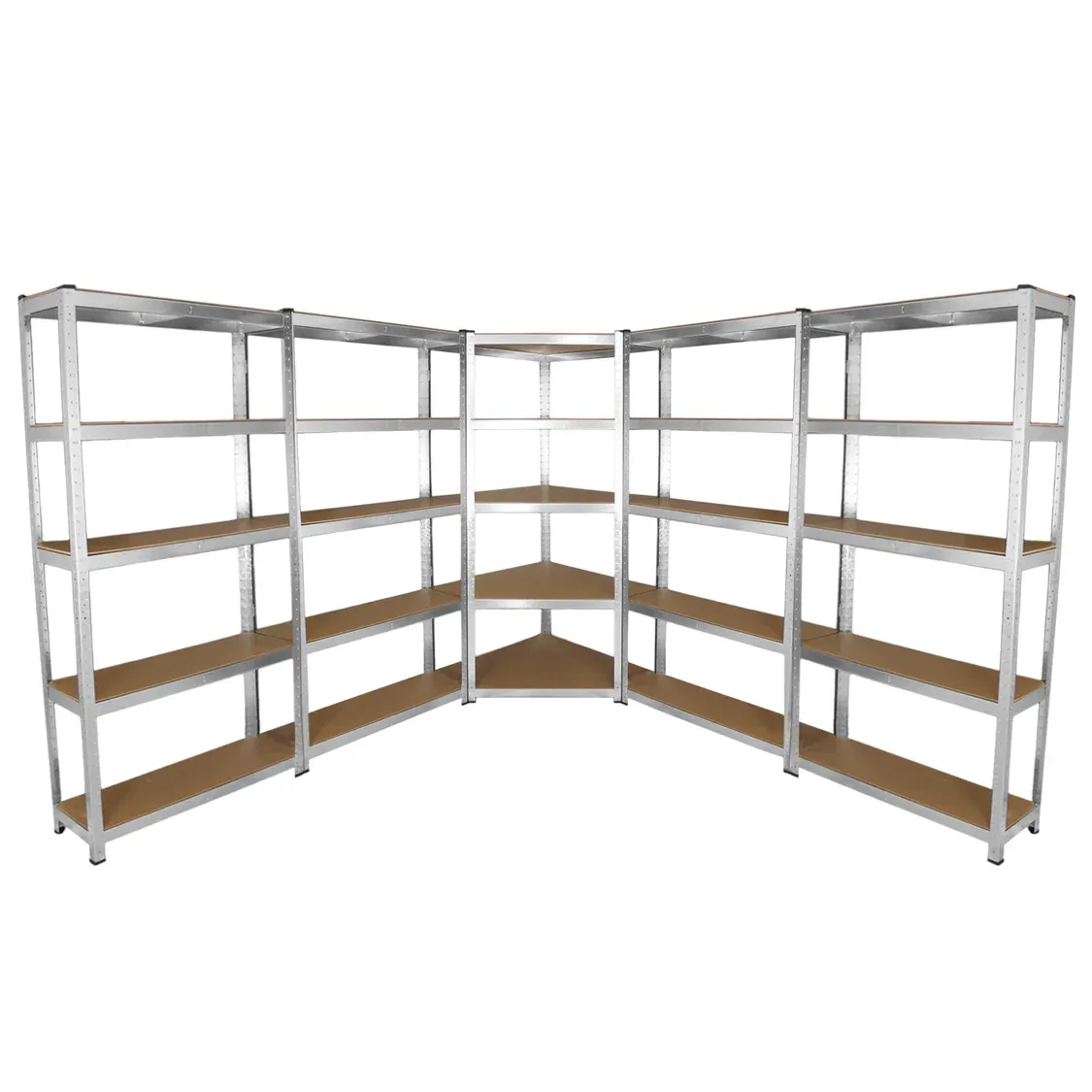 Set: Galwix Eckregal + 4 x 90 cm Werkstattregale – galvanisierter Stahl, schraubenlos, MDF‑Böden