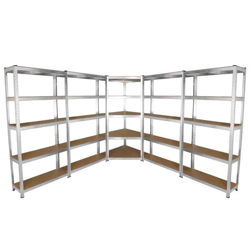 Set: Galwix Eckregal + 4 x 90 cm Werkstattregale – galvanisierter Stahl, schraubenlos, MDF‑Böden