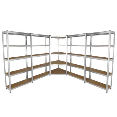 Set: Galwix Eckregal + 4 x 90 cm Werkstattregale – galvanisierter Stahl, schraubenlos, MDF‑Böden