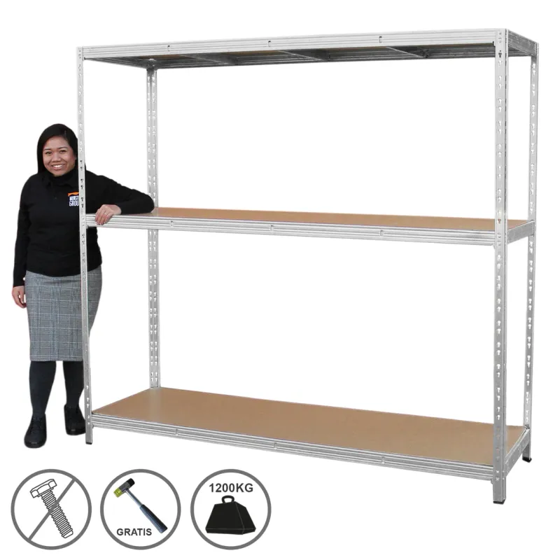 HD‑Rax Stahl‑Regal, 200 x 60 x 186 cm – 400 kg/Boden, 1.200 kg gesamt, verzinkt, schraubenlos, MDF‑Böden
