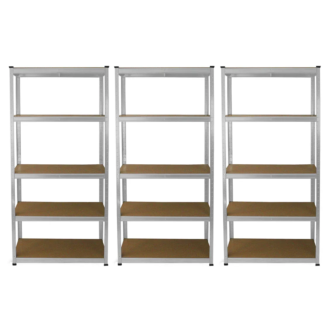 Set: 3 x E‑Rax Lagerregal 90 x 40 x 180 cm, Silber – galvanisierter Stahl, 5 Böden, 200 kg/Boden, schraubenlos
