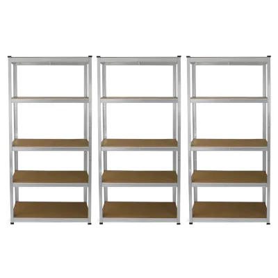 Set: 3 x E‑Rax Lagerregal 90 x 40 x 180 cm, Silber – galvanisierter Stahl, 5 Böden, 200 kg/Boden, schraubenlos