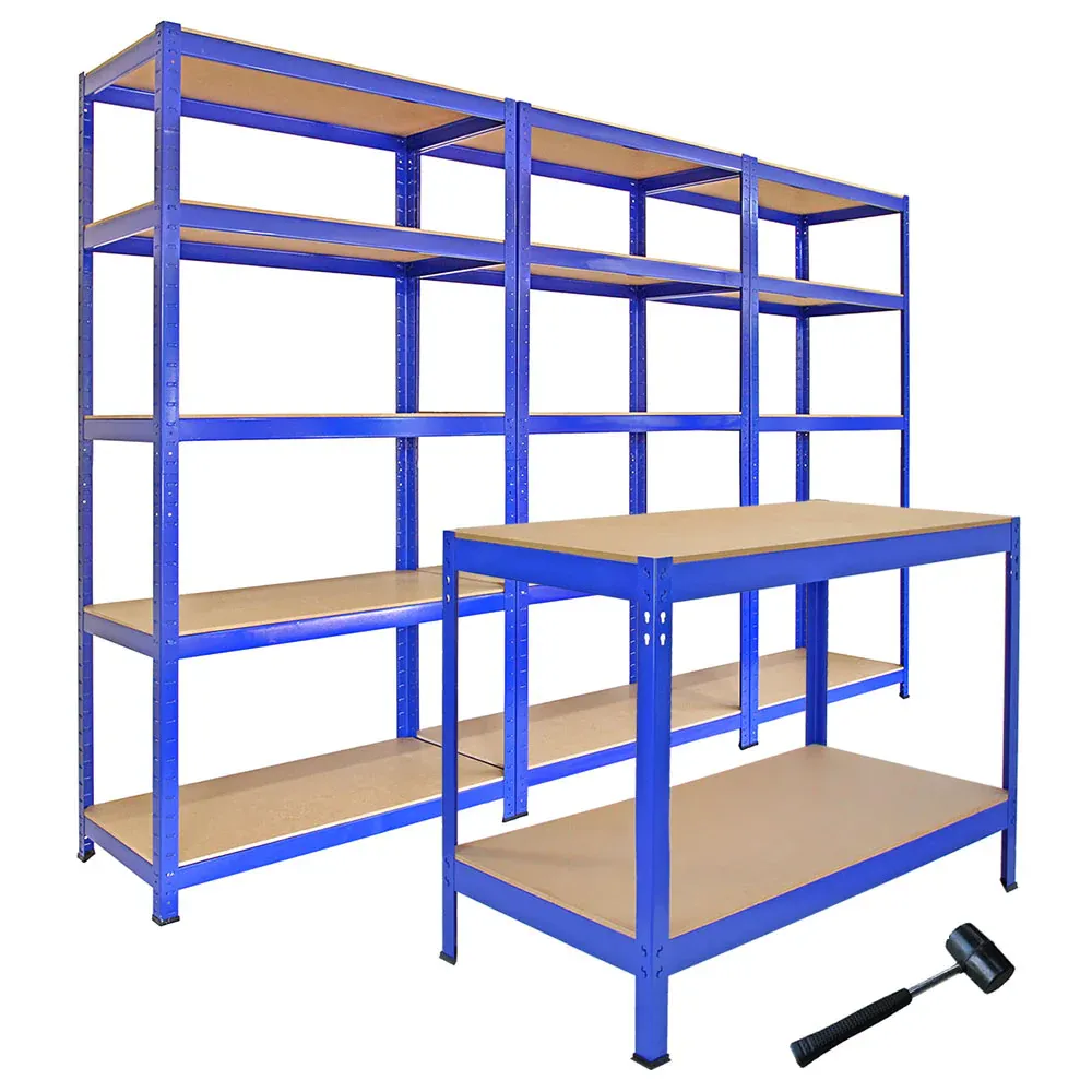 Set: 3 x T‑Rax Lagerregal 90 x 45 x 180 cm, Blau + Q‑Rax Werkbank 120 x 60 x 90 cm – 280 kg/Boden, schraubenlos