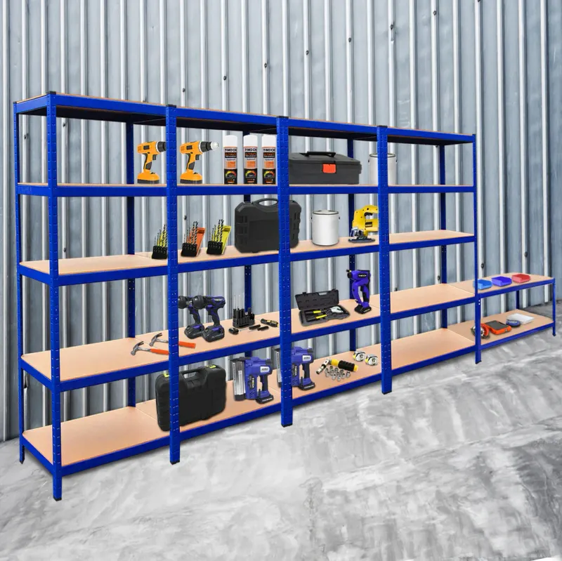 Set: 4 x T‑Rax Lagerregal 90 x 45 x 180 cm, Blau + Q‑Rax Werkbank 120 x 60 x 90 cm – 280 kg/Boden, schraubenlos