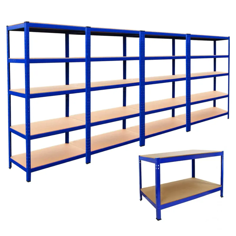 Set: 4 x T‑Rax Lagerregal 90 x 45 x 180 cm, Blau + Q‑Rax Werkbank 120 x 60 x 90 cm – 280 kg/Boden, schraubenlos