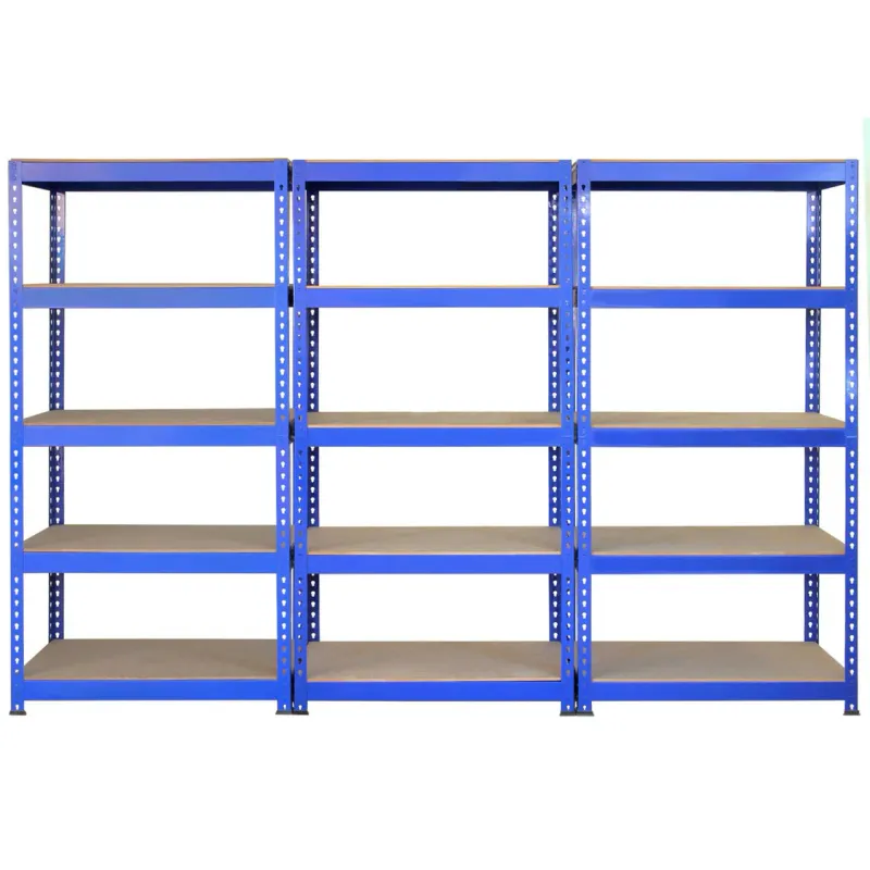 Set: 5 x Q‑Rax Lagerregale – 2x 180 x 90 x 50 cm + 3x 180 x 120 x 50 cm, Blau – 5 Böden, 200 kg/Boden, schraubenlos