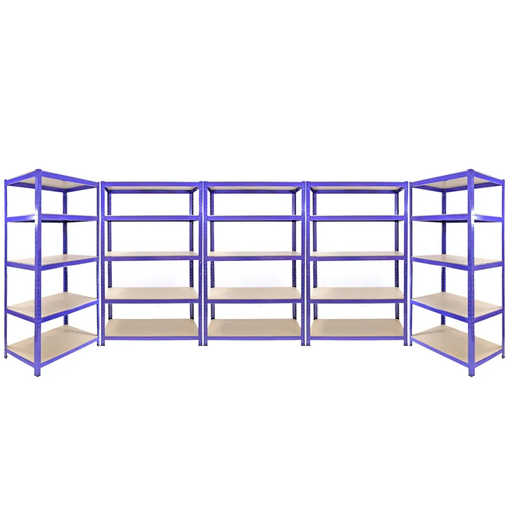 Set: 5 x Q‑Rax Lagerregale – 2x 180 x 90 x 50 cm + 3x 180 x 120 x 50 cm, Blau – 5 Böden, 200 kg/Boden, schraubenlos
