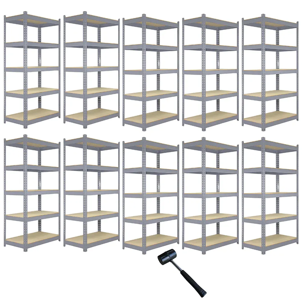 Set: 10 x Q‑Rax Metallregal 90 x 50 x 182,5 cm, Grau – 5 Böden, 200 kg/Boden, schraubenlos, 8 mm MDF