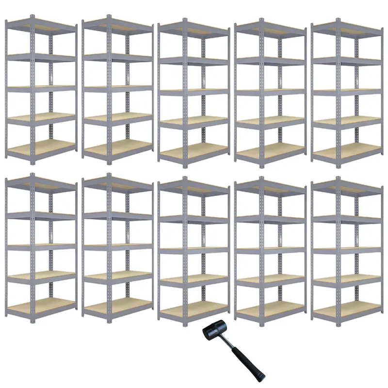 Set: 10 x Q‑Rax Metallregal 90 x 50 x 182,5 cm, Grau – 5 Böden, 200 kg/Boden, schraubenlos, 8 mm MDF