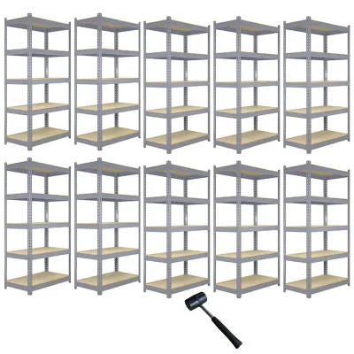 Set: 10 x Q‑Rax Metallregal 90 x 50 x 182,5 cm, Grau – 5 Böden, 200 kg/Boden, schraubenlos, 8 mm MDF