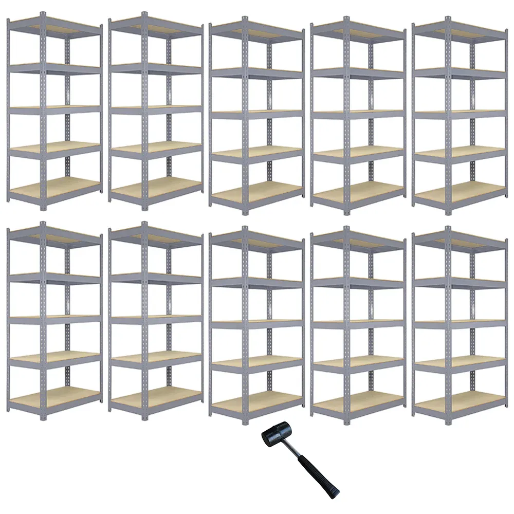 Set: 10 x Q‑Rax Lagerregal 120 x 50 x 180 cm, Grau – 5 Böden, 200 kg/Boden, schraubenlos, 9 mm MDF