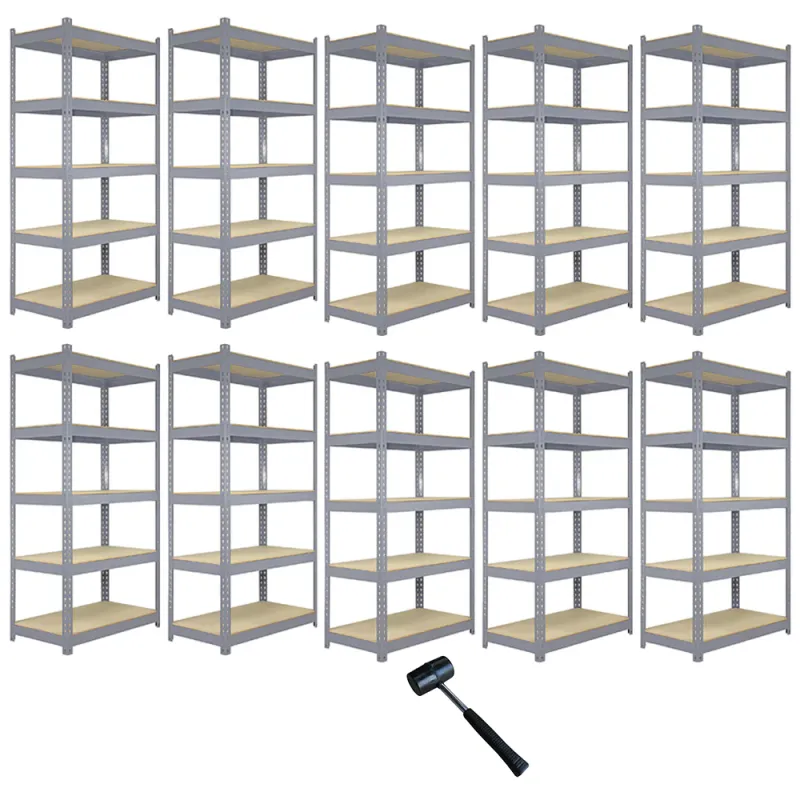 Set: 10 x Q‑Rax Lagerregal 120 x 50 x 180 cm, Grau – 5 Böden, 200 kg/Boden, schraubenlos, 9 mm MDF