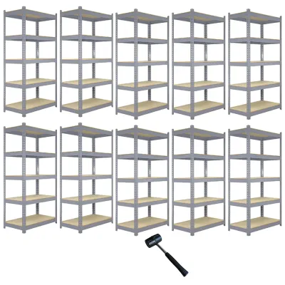 Set: 10 x Q‑Rax Lagerregal 120 x 50 x 180 cm, Grau – 5 Böden, 200 kg/Boden, schraubenlos, 9 mm MDF