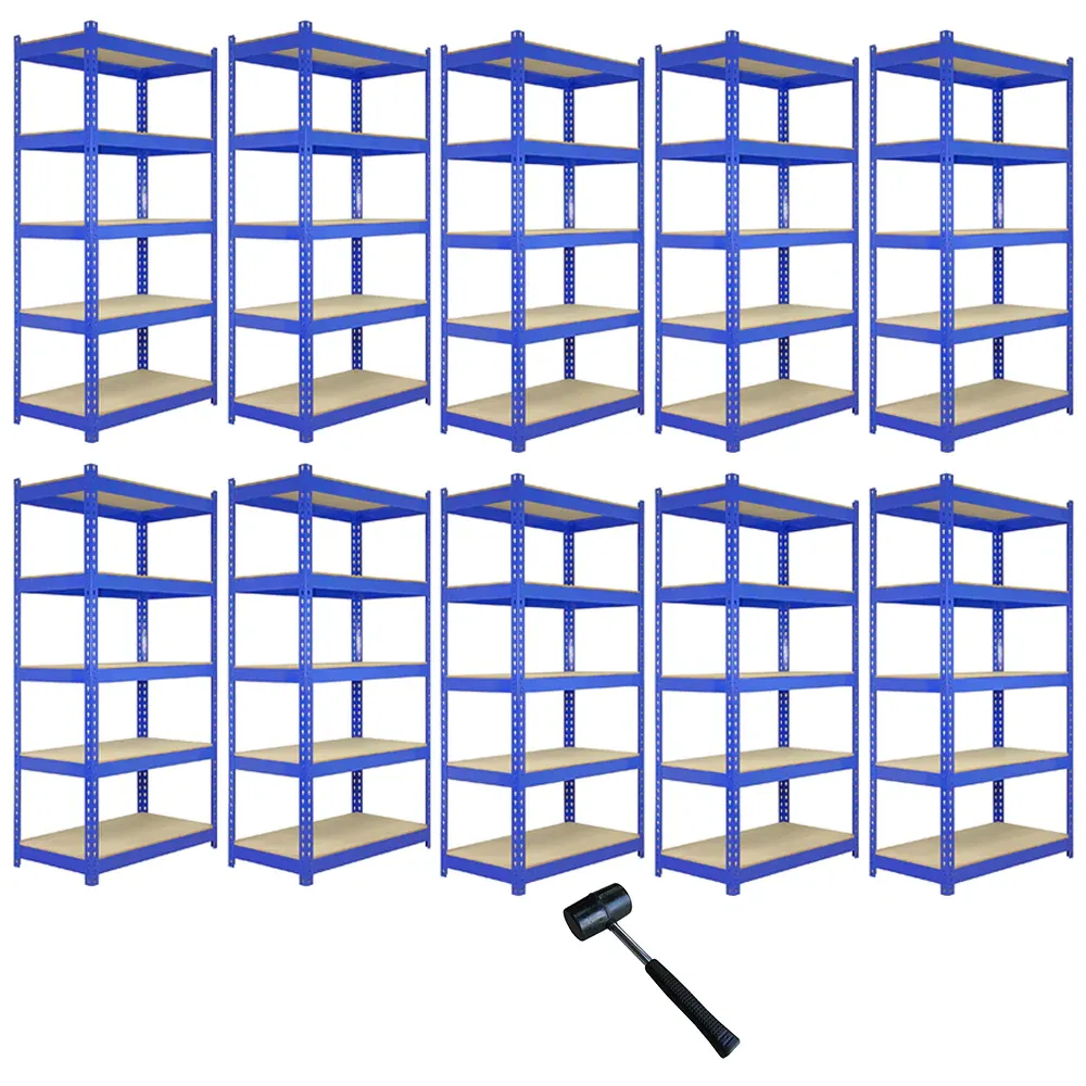 Set: 10 x Q‑Rax Lagerregal 120 x 50 x 182,5 cm, Blau – 5 Böden, 200 kg/Boden, schraubenlos, 9 mm MDF