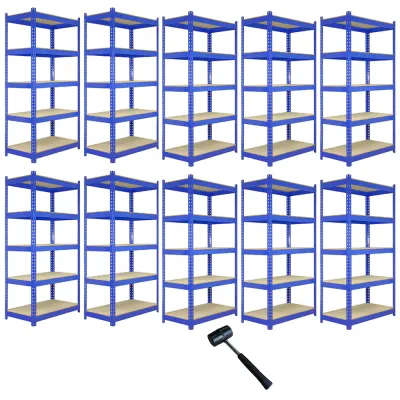 Set: 10 x Q‑Rax Lagerregal 120 x 50 x 182,5 cm, Blau – 5 Böden, 200 kg/Boden, schraubenlos, 9 mm MDF