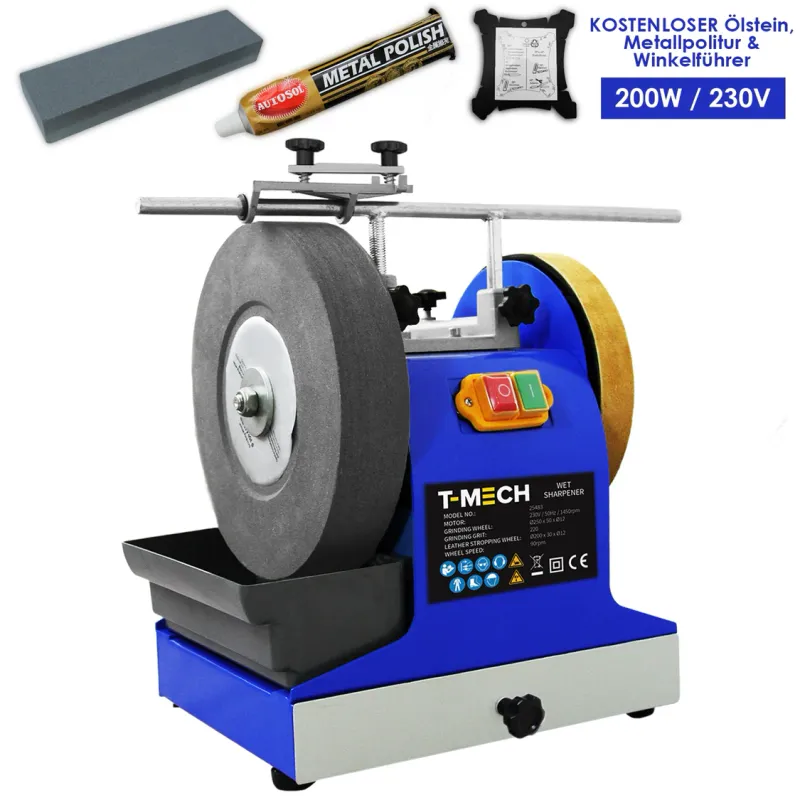 Nass‑Schleifmaschine 200 W – 250 mm Schleifrad, Leder‑Abziehscheibe, inkl. Ölstein & Metallpolitur