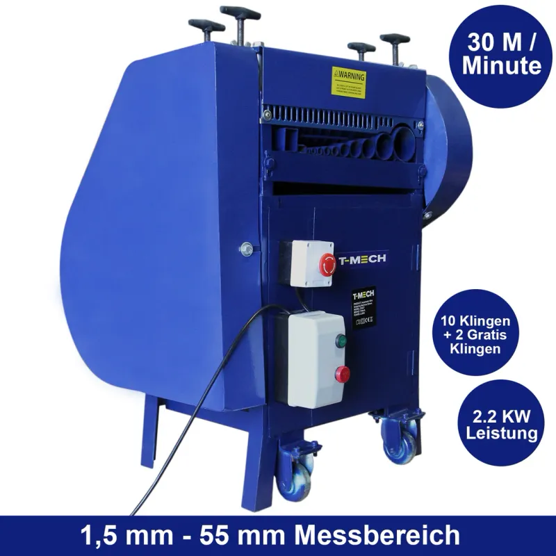 Kabelschälmaschine 55 mm – 2,2 kW, automatisch, 600–2800 kg/Tag, 10+2 Klingen, Not‑Aus, CE