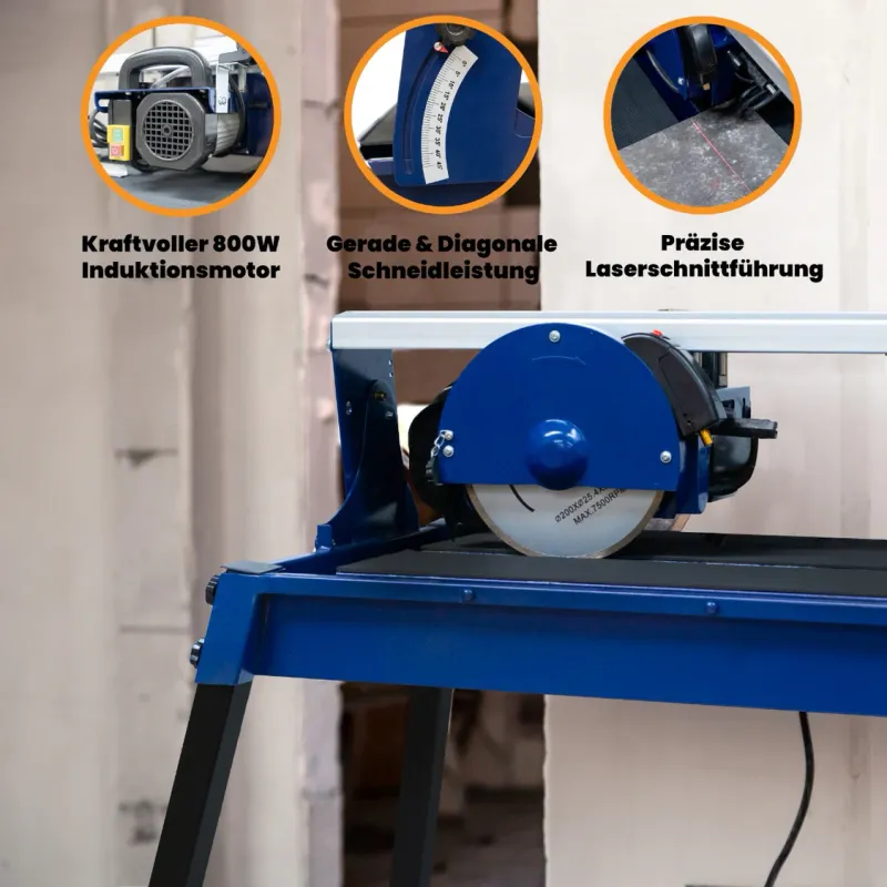 Fliesenschneider mit Tisch – 720 mm Schnittlänge, 800 W, Wasserkühlung, Laserführung, 2x Diamantscheibe