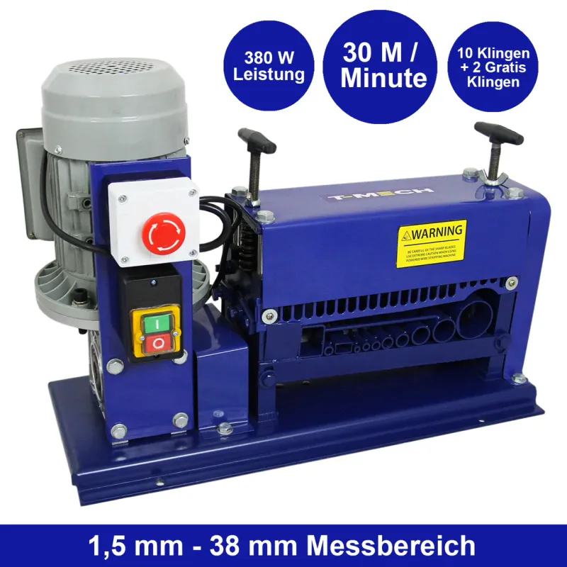 Kabelschälmaschine 38 mm – 380 W, automatisch, 30 m/min, 10+2 Klingen, Not‑Aus, CE