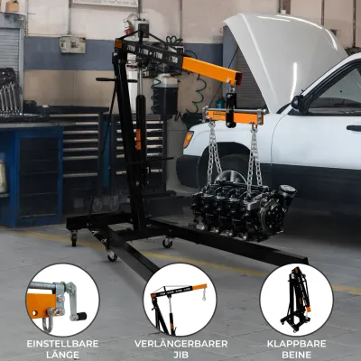 Set: 2‑t Motorkran + Lastnivellierer 900 kg – hydraulisch, klappbar, 4 JIB‑Positionen, 223 cm Hub, Stahl
