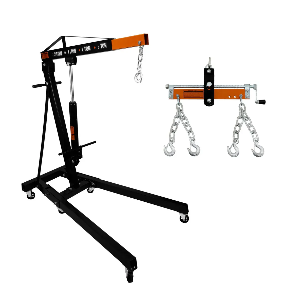 Set: 2‑t Motorkran + Lastnivellierer 900 kg – hydraulisch, klappbar, 4 JIB‑Positionen, 223 cm Hub, Stahl
