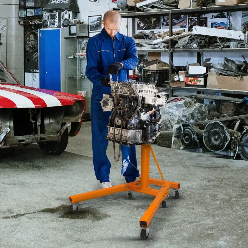 Motorständer 900 kg – klappbar, 360° drehbar, 6 Rollen (2 mit Bremse), 810 mm Arbeitshöhe, Stahl