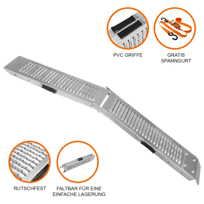 Klappbare Motorradrampe – A3‑Stahl, 200 kg, rutschfest, 189 x 24 x 6 cm, mit Gratis Spanngurt