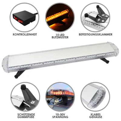 LED Warnlicht‑Balken, Bernstein – 88 x 2 W LEDs, 15 Blitzmodi, IP67, 10–30 V, Speicherfunktion, 118 cm