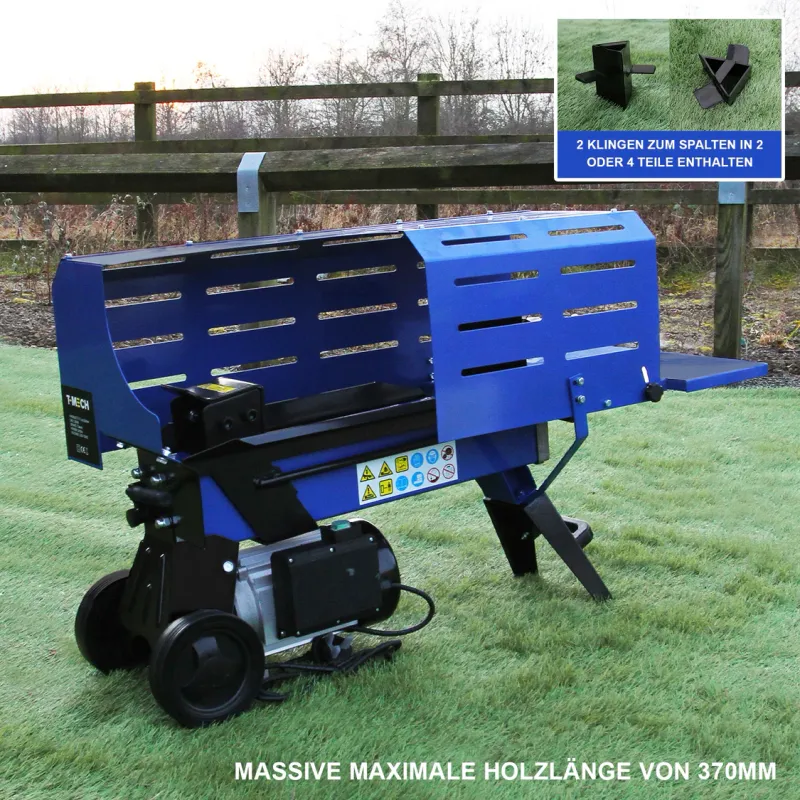 Holzspalter 5 t, 370 mm – 2000 W, IP54, CE, 2/4‑Spaltklinge, Schutzgitter, Ø 50–250 mm