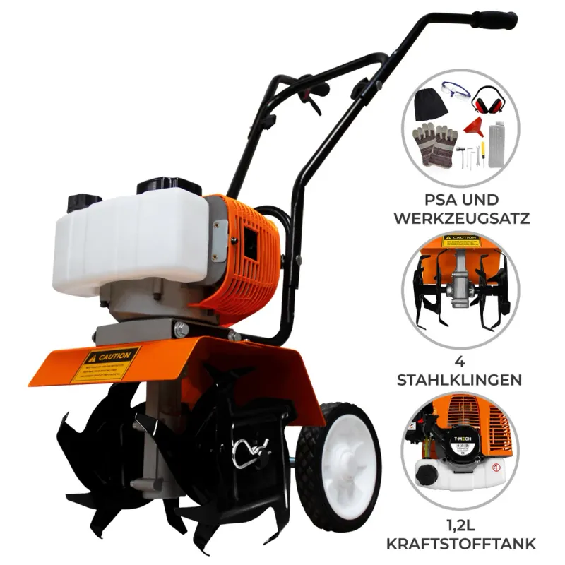 2‑Takt Benzin‑Bodenfräse 52 ccm – 30 cm Arbeitsbreite, 20 cm Tiefe, 9000 U/min, 4 Klingen, Sicherheitsset