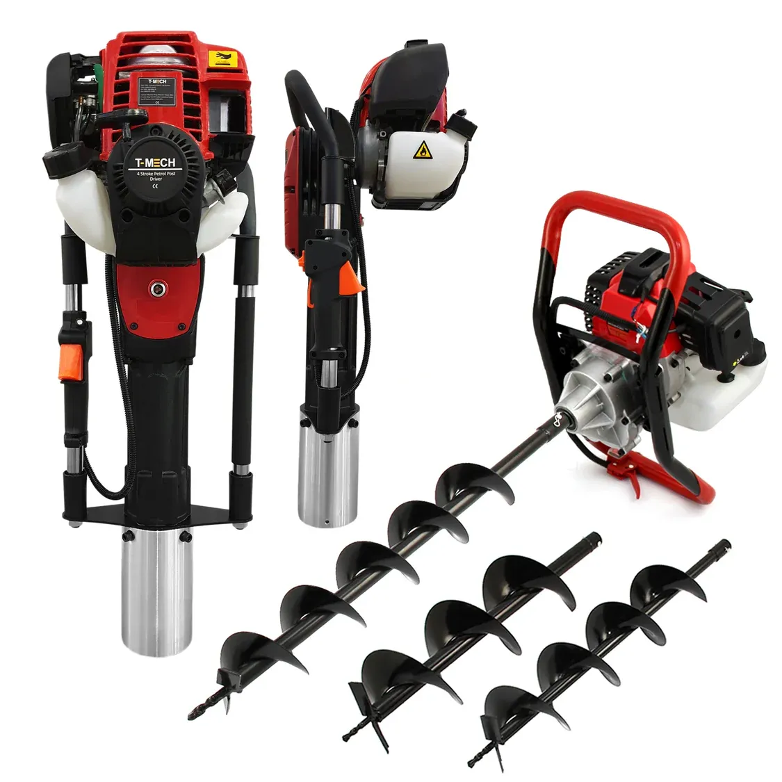 Set: Erdbohrer (2‑Takt, 3 PS) + 4‑Takt Pfahlramme – 55,6 J, 700–1350 bpm, 3 Pfahlsockel, 4/6/8&quot; Bohrer