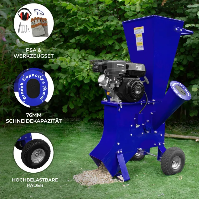 Motorhäcksler 7 PS (212 ccm) – Schnitt Ø 76 mm, 2400–3600 U/min, mobil, PSA & Werkzeugset inkl., CE