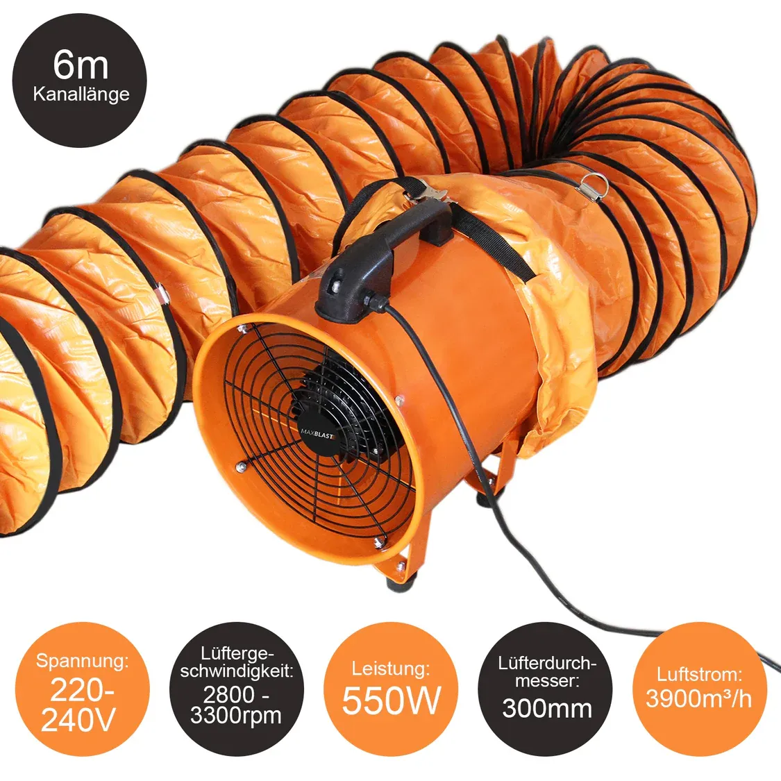 Profi Industrieventilator 300 mm, 550 W – 6 m Schlauch, 3900 m³/h, 69 dB, 220–240 V, CE