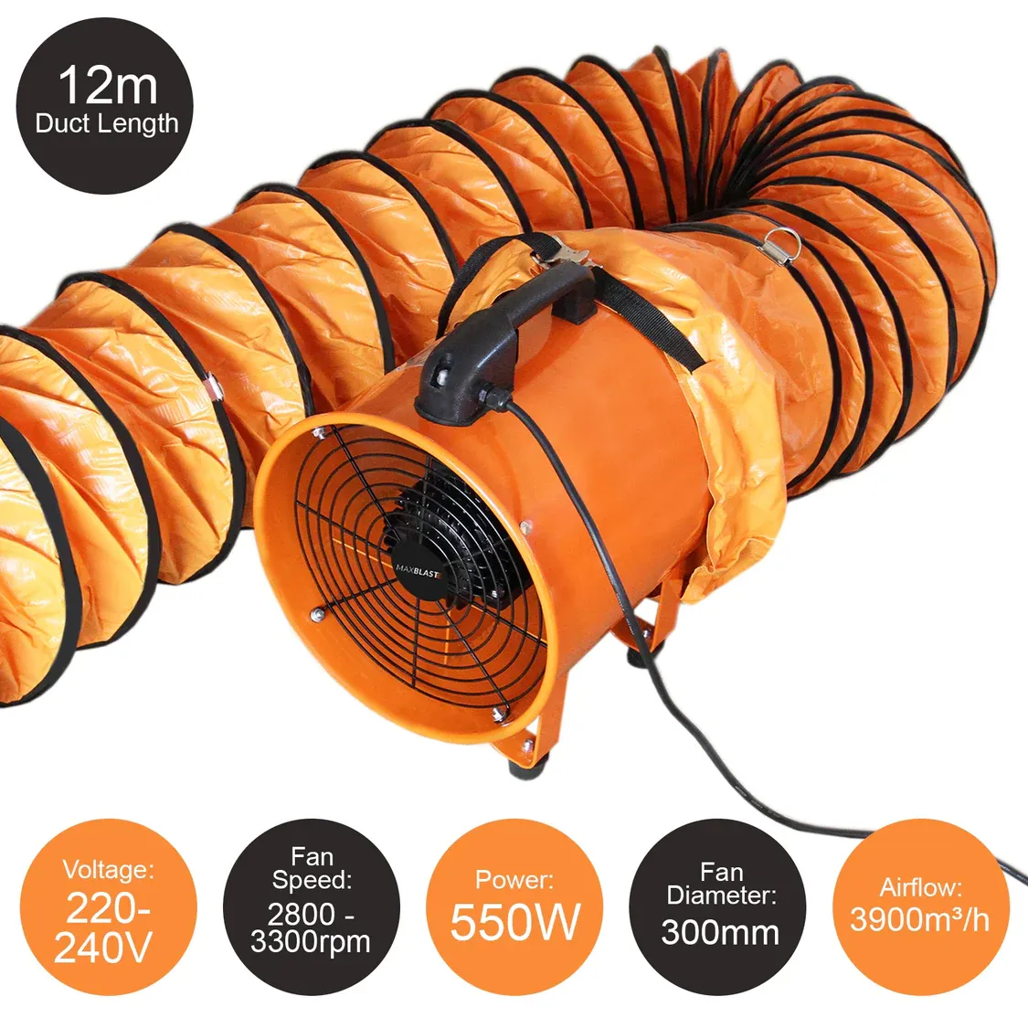 Profi Industrieventilator 300 mm, 550 W – 12 m Schlauch, 3900 m³/h, 69 dB, 220–240 V, CE