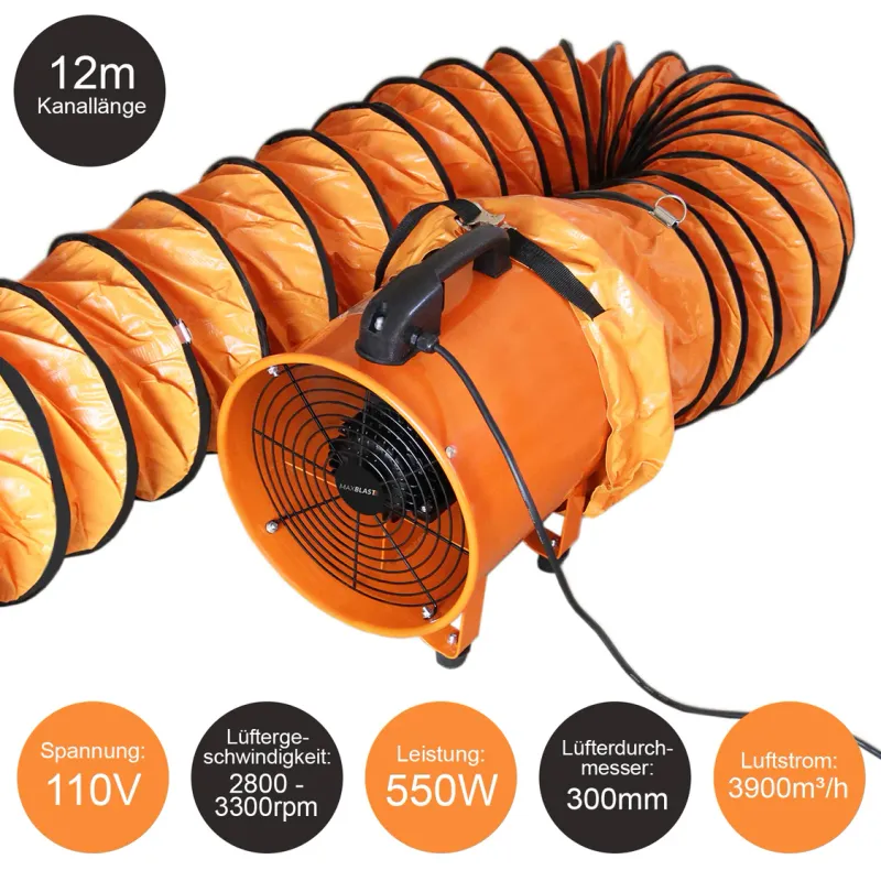 Industrie‑Axialventilator 300 mm, 110 V, 550 W – 12 m Schlauch, 3900 m³/h, 69 dB, CE