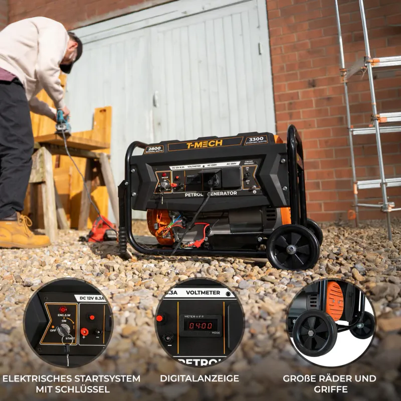 Tragbarer Benzin‑Generator 3,3 kW – 4‑Takt 210 ccm, 12‑L Tank, E‑Start, 2x 230 V AC + 12 V DC, 76–80 dBA