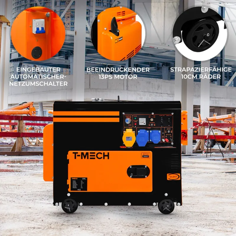 Diesel‑Generator 6 kVA, einphasig – 20‑L Tank, 16,5 h Laufzeit, 72 dB, ATS, E‑Start, 115/230 V, 6000 W
