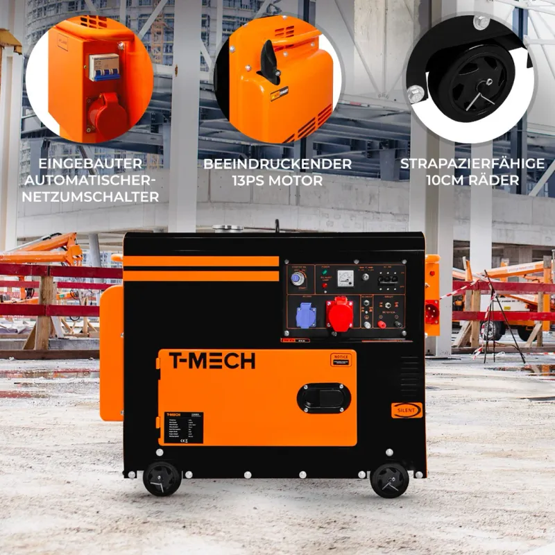Diesel‑Generator 6,5 kVA, dreiphasig (230/400 V) – geräuscharm 72 dB, ATS, E‑Start, 20‑L Tank, 16,5 h Laufzeit