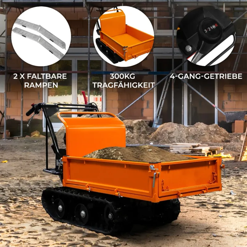 Mini Dumper Raupentransporter 300 kg – 196 ccm (6,5 PS) Benzin, 4‑Gang, 18 cm Ketten, Kippbox, inkl. 2 Falt‑Rampen