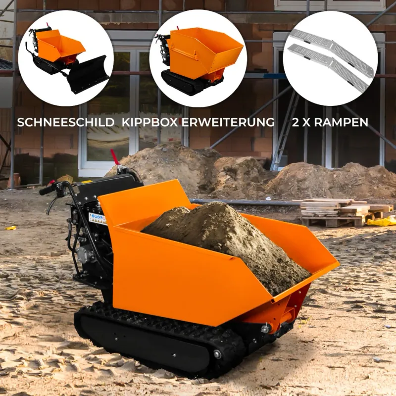 Mini Raupendumper / Schneeschieber 500 kg – 270 ccm (9 PS) Benzin, Hydraulik‑Kippbox, 4‑Gang, 18‑cm Ketten, inkl. Erweiterung, Schneeschild & 2 Rampen