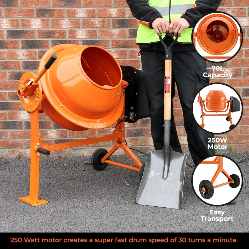 Elektrischer Betonmischer 70 L – 250 W, 30 U/min, mobil mit Rädern, 240 V