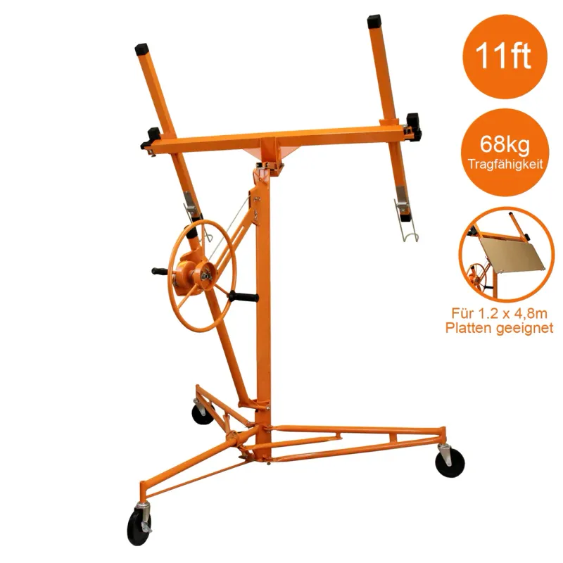 Plattenheber 3,4 m – 68 kg Tragfähigkeit, Kippfunktion, CE, klappbar, 10‑cm Rollen
