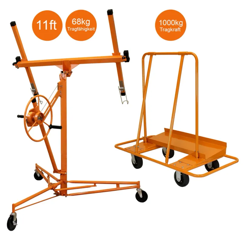 Set: Plattenheber 3,4 m (68 kg) + Plattenwagen 1000 kg – Kippfunktion, CE, 10‑cm Rollen, rutschfestes Deck