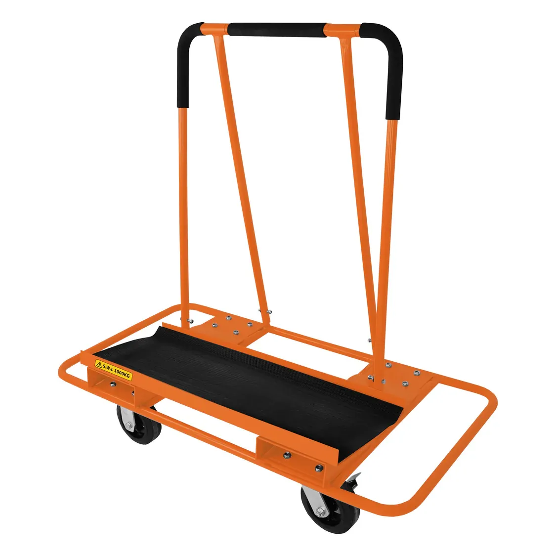 Gipskartonwagen 1000 kg – Stahl, abgewinkeltes Deck, rutschfeste Matte, 2 feste + 2 Lenkrollen mit Bremsen
