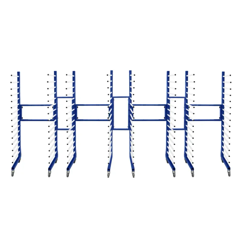 Set: 4 x Sprühtrocknungswagen + 3 x 2‑Wege‑Anschluss – 15 Ebenen, 25 kg/Ebene, verstellbar, 360° Rollen