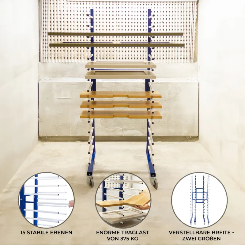 Kombi‑Trocknungswagen – 15 Ebenen, 25 kg/Ebene, 35–65 cm verstellbar, 55‑cm Stangen, 360° Rollen
