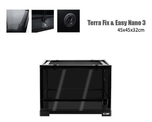 Terra Fix & Easy Nano 3 – Terrarium 45 x 45 x 32 cm, Schwingtüren, Schloss, variable Lüftung, wasserdichter Boden