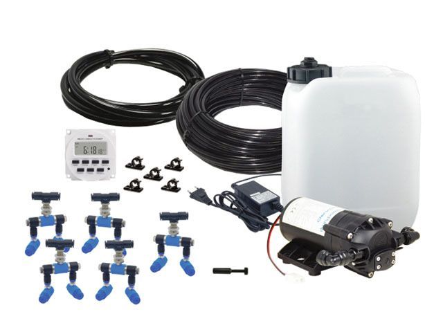 Beregnungsanlage Bausatz 5 Duo Düsen Blue-Line – Komplettset mit 5 L Wassertank &amp; 24V Power-Timer
